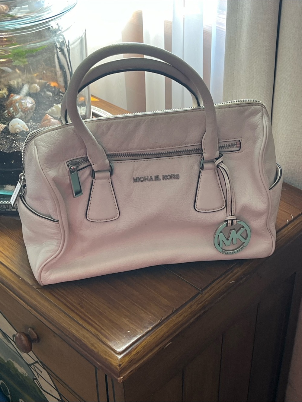 Michael Kors Light White Leather Satchel with MK Logo Charm with shoulder strap